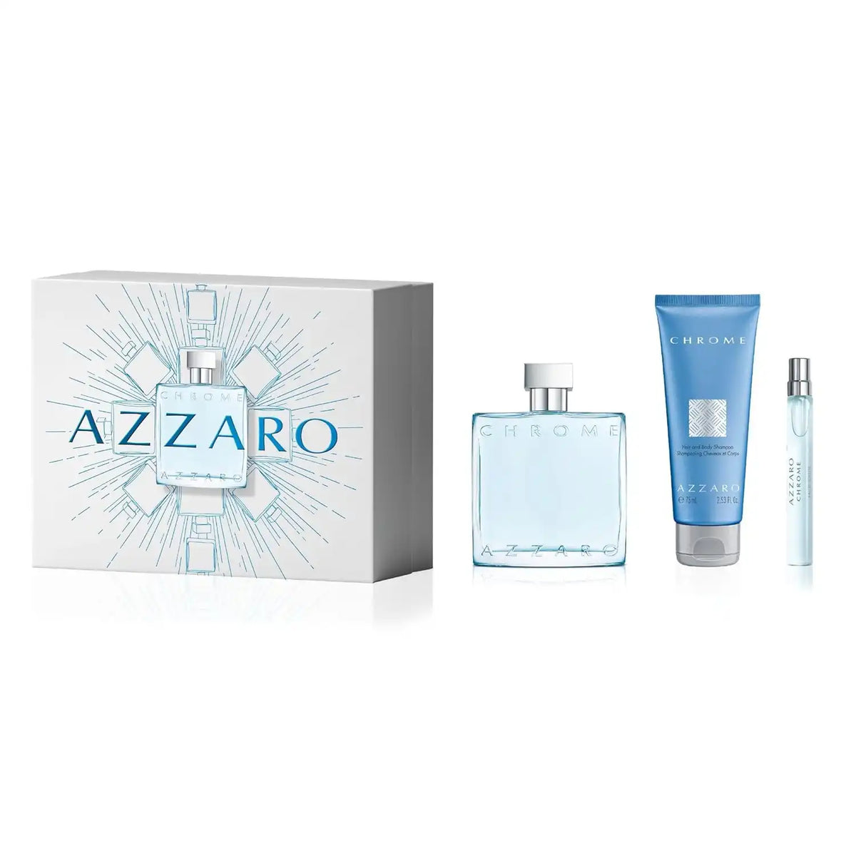 Azzaro Chrome Eau de Toilette - Fresh Mens Cologne Gift Set - 3-Piece Set Includes Full Size Fragrance (3.3 fl oz) + Travel Size Spray (0.34 fl oz) + Scented Hair and Body Shampoo (2.5 fl oz)