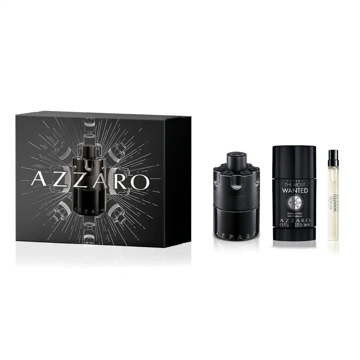 Azzaro The Most Wanted Eau de Parfum Intense - Seductive Mens Cologne Gift Set - 3-Piece Set Includes Full Size Fragrance (3.3 fl oz) + Travel Size Spray (0.34 fl oz) + Deodorant Stick (2.7 oz)